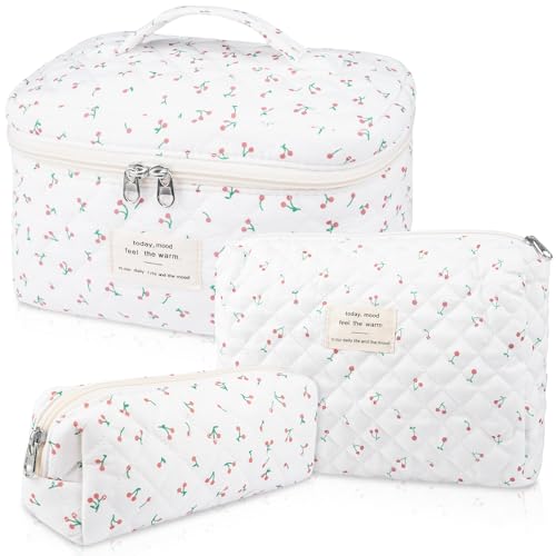Gosect Large Makeup Bag Set, Quilted Makeup Bag, Floral Cosmetic Bag for Women, Cute Cotton Makeup Bags, Flower Travel Toiletry Organizer Bag (white) - Image 1
