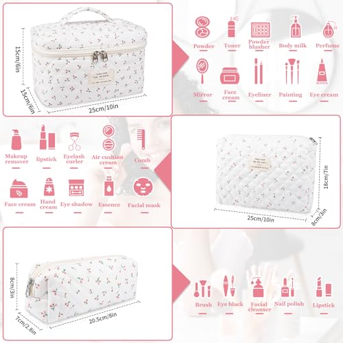 Gosect Large Makeup Bag Set, Quilted Makeup Bag, Floral Cosmetic Bag for Women, Cute Cotton Makeup Bags, Flower Travel Toiletry Organizer Bag (white) - Image 2