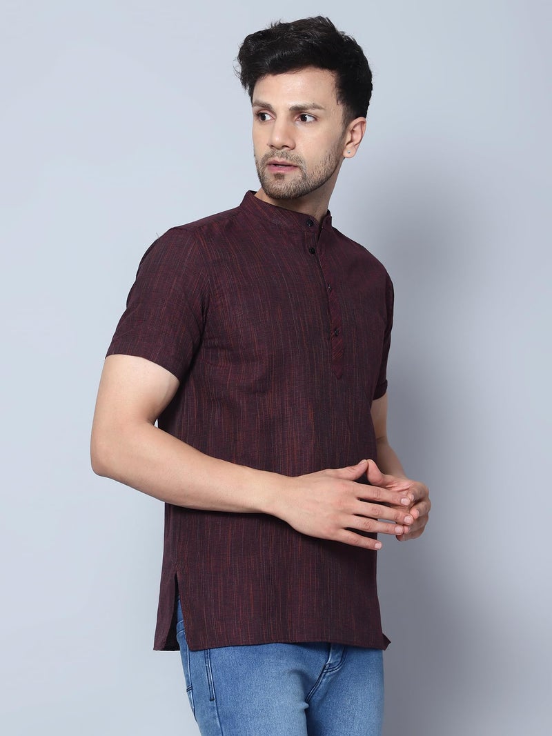 LATEST CHIKAN Men's Cotton Blend Regular Textured Short Kurta Half Sleeves - Casual Ethnic Wear -SK-DBL-M-40 Maroon - Image 3