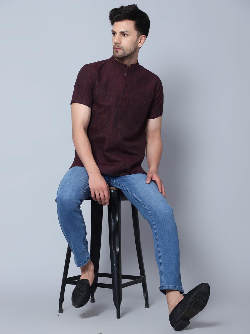 LATEST CHIKAN Men's Cotton Blend Regular Textured Short Kurta Half Sleeves - Casual Ethnic Wear -SK-DBL-M-40 Maroon - Image 2
