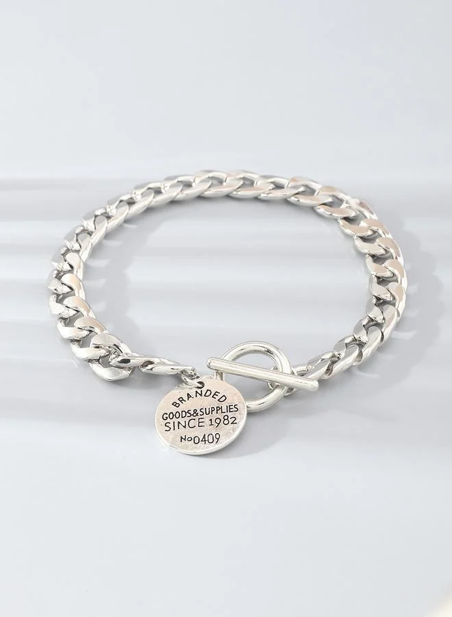 تايك تو Silver Chain Link Bracelet with Tag Charm