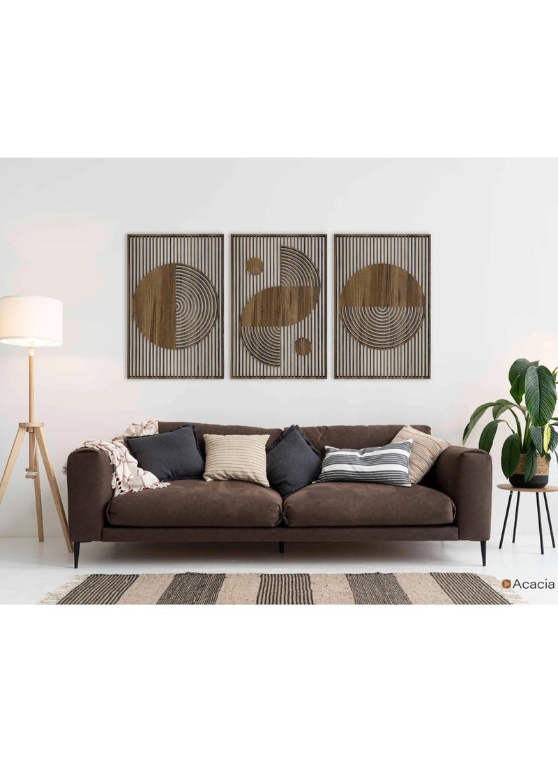 ديكور حائط خشبي بطابع بوهيمي (Boho)، تصميم هندسي مستوحى من أسلوب باوهاوس، ديكور جداري عصري من منتصف القرن، مكوّن من 3 قطع، قطعة مميزة لتزيين المنزل أو كهدية أنيقة - Image 1