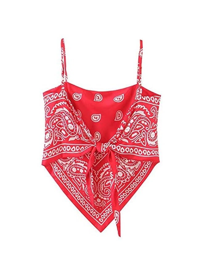 Arjungo Women's Paisley Print Spaghetti Strap Tie Knot Back Handkerchief Bandana Cami Crop Top