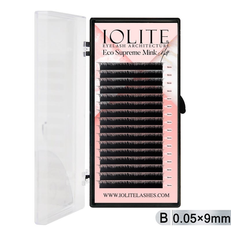 Iolite Eco Supreme Mink Matt Lash Extension Tray B - Curl - 0.05T (6mm–15mm) – Matt Finish, Premium Eco-Friendly Eyelashes for Lash Artists ISMMB5T - 9MM