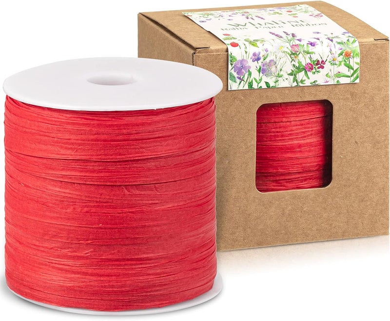Whaline 229 Yards Christmas Raffia Paper Ribbon Red Craft Packing Paper Twine Raffia String for Valentines and Holiday Gifts, DIY Decoration and Weaving,1/4 inch Width - Image 1