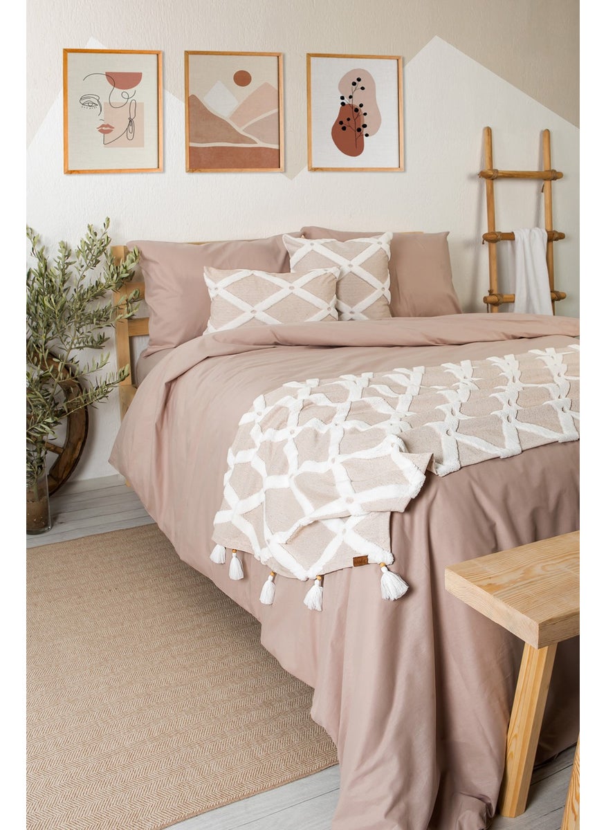 Hamur Dough Bed Runner and Throw Pillow Set Special Design Jacquard Patterned Bella Beige  - Image 1