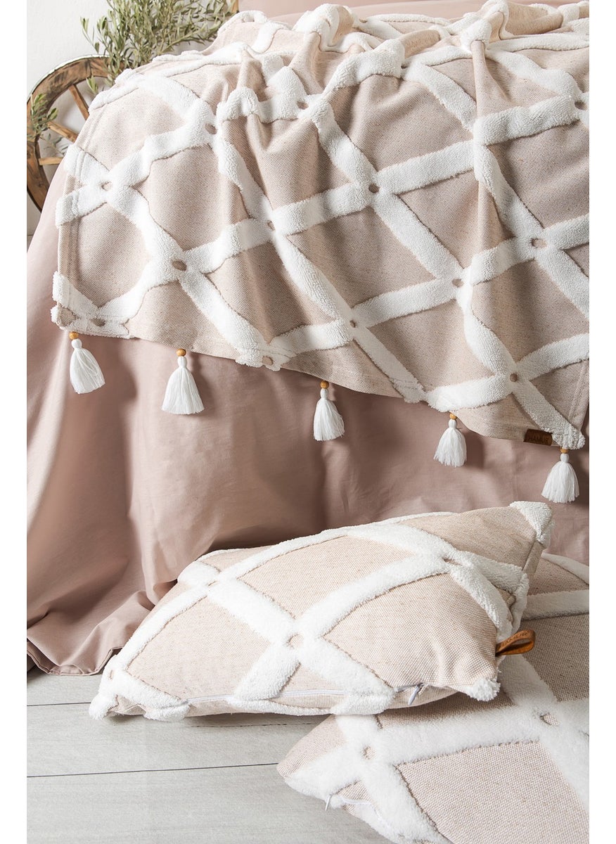 Hamur Dough Bed Runner and Throw Pillow Set Special Design Jacquard Patterned Bella Beige  - Image 3