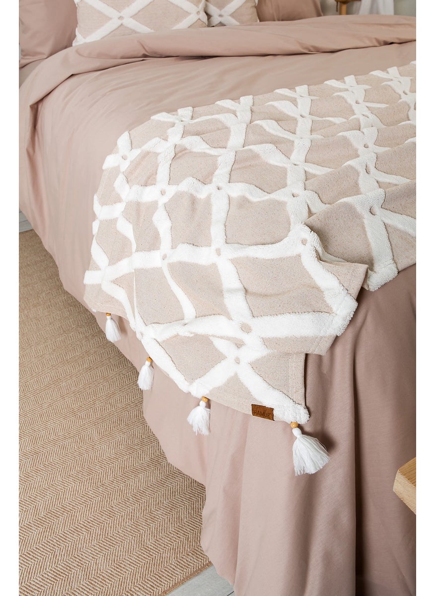 Hamur Dough Bed Runner and Throw Pillow Set Special Design Jacquard Patterned Bella Beige  - Image 2