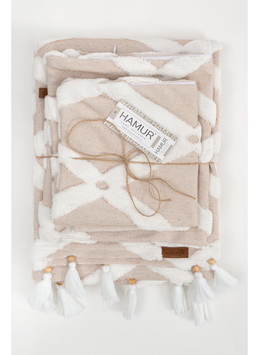 Hamur Dough Bed Runner and Throw Pillow Set Special Design Jacquard Patterned Bella Beige  - Image 5