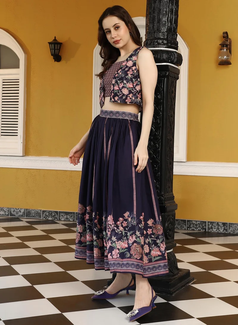QISSA Women's Navy Blue Geometrical-Flora Co-Ord Set For Ethnic Wear | Open-Front Neck , Sleeveless , Straight Hem | Floral Print Plain Fabric | 3 Piece Co-Ords Designed For Evening & Party Wear