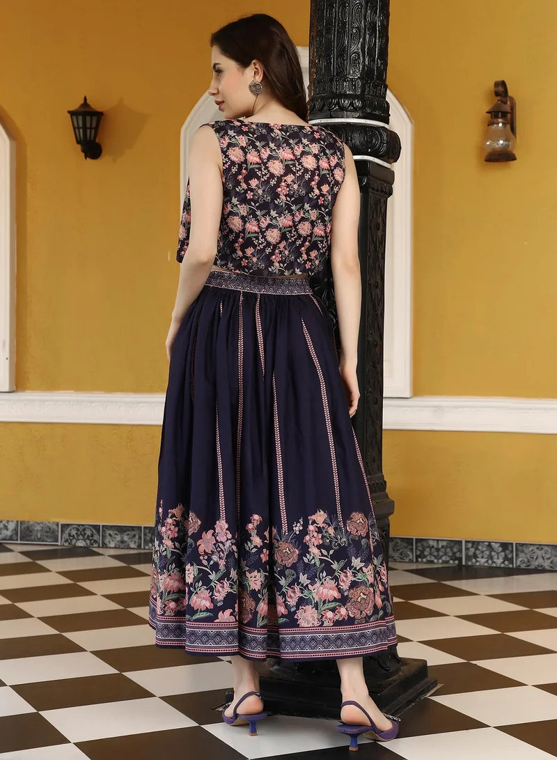 QISSA Women's Navy Blue Geometrical-Flora Co-Ord Set For Ethnic Wear | Open-Front Neck , Sleeveless , Straight Hem | Floral Print Plain Fabric | 3 Piece Co-Ords Designed For Evening & Party Wear