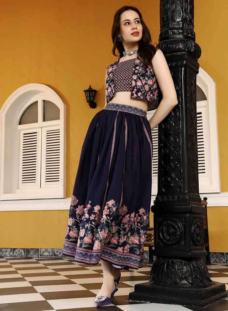 قصة Qissa Women's Navy Blue Geometrical-Flora Co-Ord Set For Ethnic Wear | Open-Front Neck , Sleeveless , Straight Hem | Floral Print Plain Fabric | 3 Piece Co-Ords Designed For Evening & Party Wear