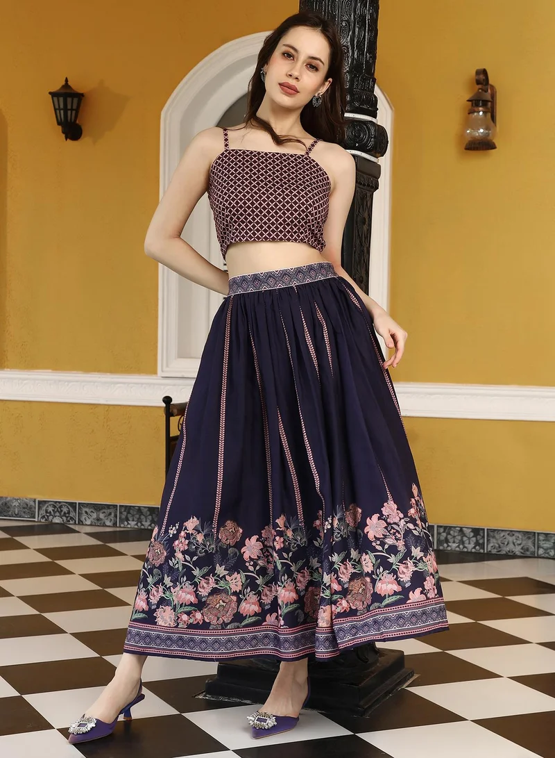 QISSA Women's Navy Blue Geometrical-Flora Co-Ord Set For Ethnic Wear | Open-Front Neck , Sleeveless , Straight Hem | Floral Print Plain Fabric | 3 Piece Co-Ords Designed For Evening & Party Wear