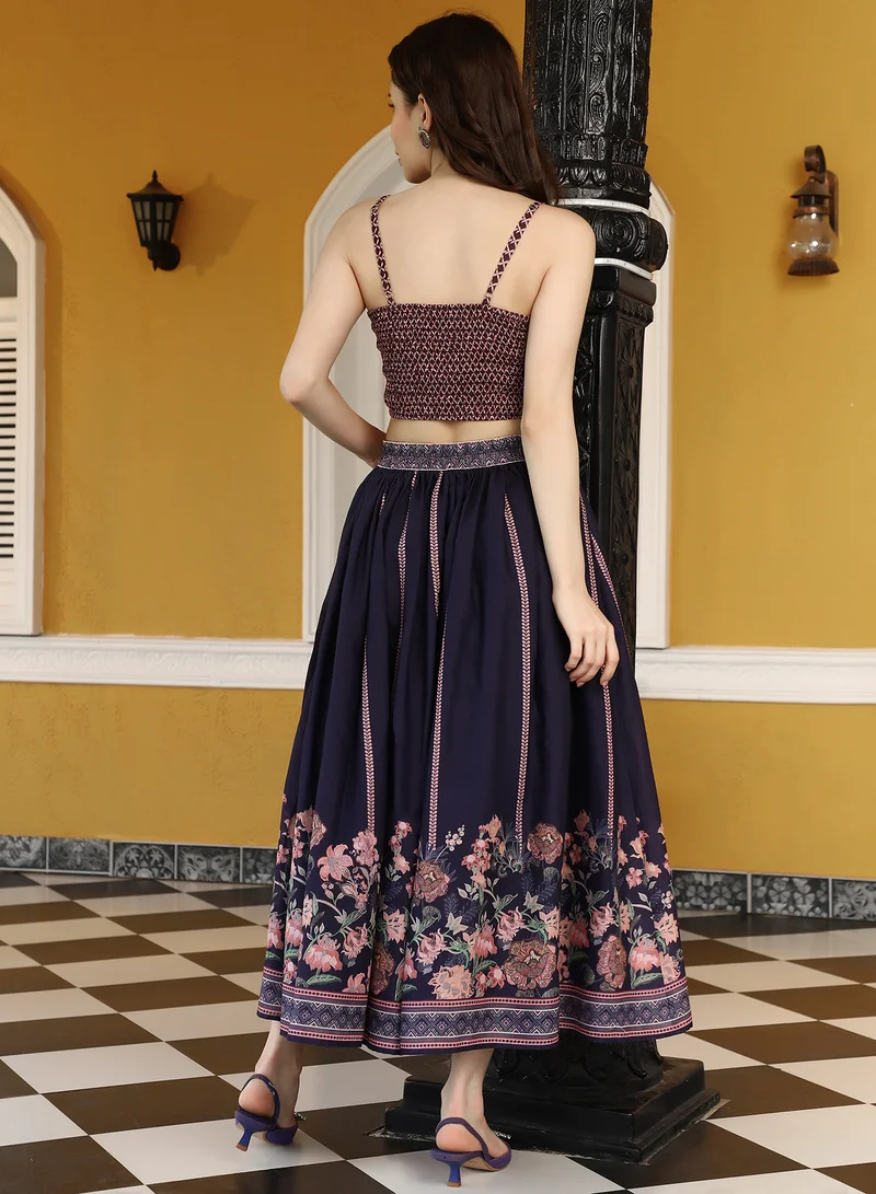 QISSA Women's Navy Blue Geometrical-Flora Co-Ord Set For Ethnic Wear | Open-Front Neck , Sleeveless , Straight Hem | Floral Print Plain Fabric | 3 Piece Co-Ords Designed For Evening & Party Wear