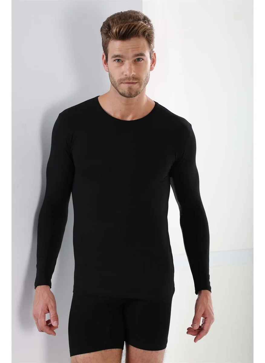 Arma Yıldız Black Men's Body Long Sleeve T-Shirt Undershirt Crew Neck Basic 100% Cotton Rib