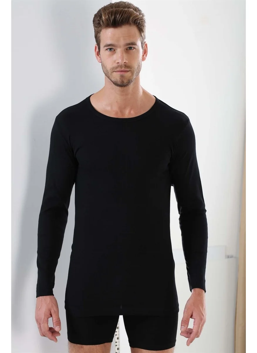 Arma Yıldız Black Men's Body Long Sleeve T-Shirt Undershirt Crew Neck Basic 100% Cotton Rib