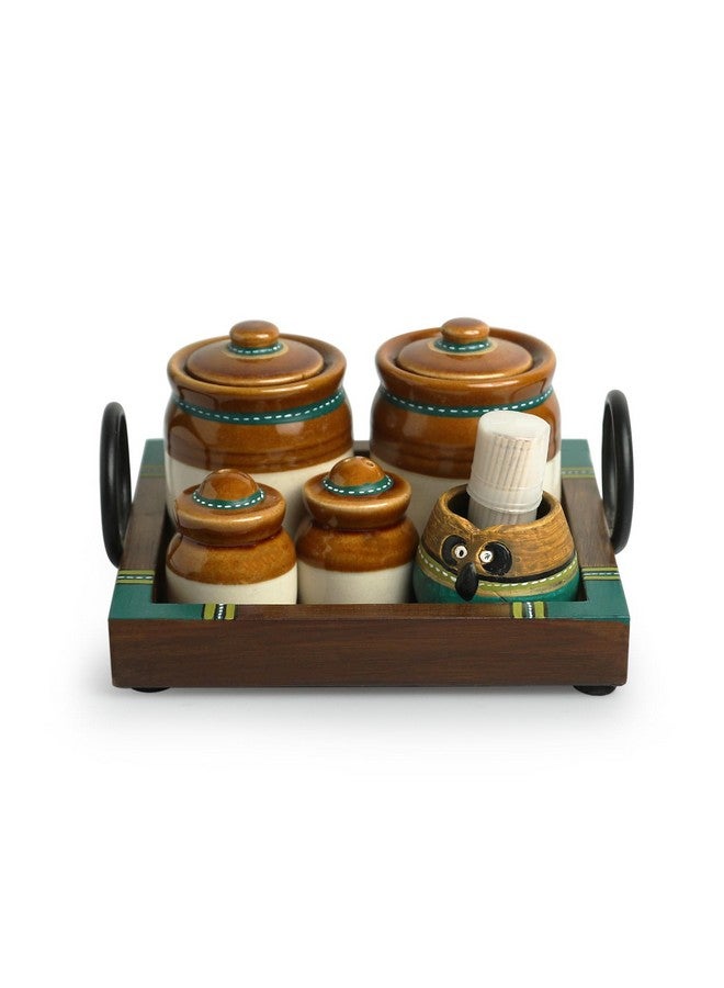 ExclusiveLane مجموعة جرار السيراميك متعددة الأغراض 'أولد مارتابان' للمخللات والصلصات مع مجموعة من هزازات الملح والفلفل وصينية (غير محكمة الإغلاق، 120 و 20 مل) | حامل مخللات مطلي يدويًا لمجموعة تخزين المطبخ - Image 2