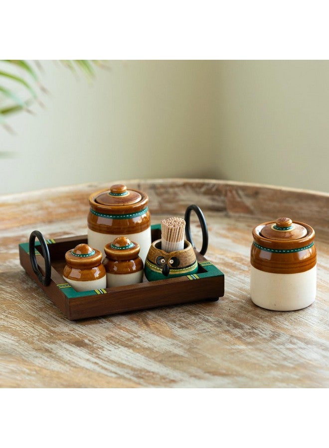 ExclusiveLane مجموعة جرار السيراميك متعددة الأغراض 'أولد مارتابان' للمخللات والصلصات مع مجموعة من هزازات الملح والفلفل وصينية (غير محكمة الإغلاق، 120 و 20 مل) | حامل مخللات مطلي يدويًا لمجموعة تخزين المطبخ - Image 1