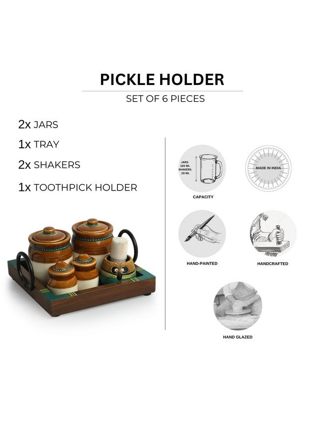 ExclusiveLane مجموعة جرار السيراميك متعددة الأغراض 'أولد مارتابان' للمخللات والصلصات مع مجموعة من هزازات الملح والفلفل وصينية (غير محكمة الإغلاق، 120 و 20 مل) | حامل مخللات مطلي يدويًا لمجموعة تخزين المطبخ - Image 5