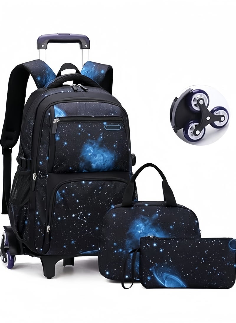 GGEROU 3Pcs Boys Rolling Backpack Kids Backpack with Wheels Trolley Bookbag Wheeled School Bag with Lunch Bag,Galexy Blue  - Image 1