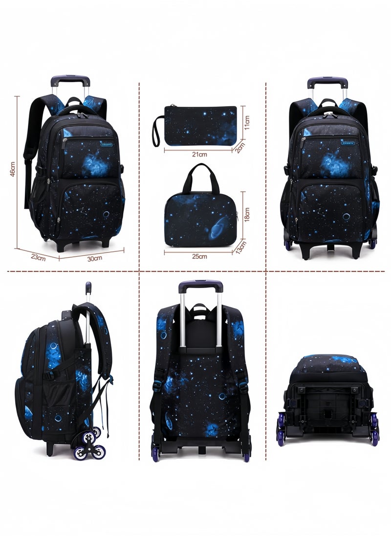 GGEROU 3Pcs Boys Rolling Backpack Kids Backpack with Wheels Trolley Bookbag Wheeled School Bag with Lunch Bag,Galexy Blue  - Image 2