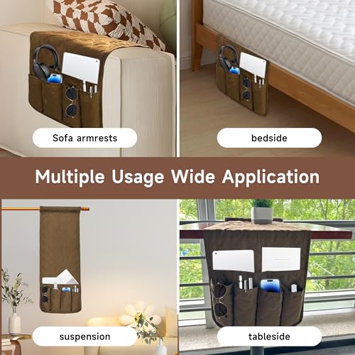 MEHIDFY Sofa Armrest Caddy, Waterproof Bedside Storage Organizer, Non Slip Armchair Pockets, Remote Control Holder for Couch, Handy Pouches with 6 Pockets for TV Remote, Phone, Magazine(Brown) - Image 4
