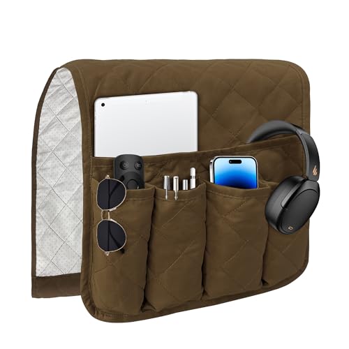 MEHIDFY Sofa Armrest Caddy, Waterproof Bedside Storage Organizer, Non Slip Armchair Pockets, Remote Control Holder for Couch, Handy Pouches with 6 Pockets for TV Remote, Phone, Magazine(Brown) - Image 1