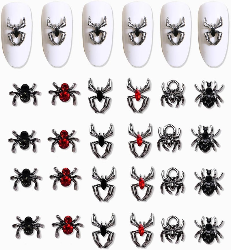 24 Pcs 3D Halloween Spider Nail Art Charms Crystals Diamonds Rhinestones, Metal Alloy Gothic Black Red Gems Nail Accessories for Women Nail Art Decoration Craft Jewelry DIY(6 Styles)