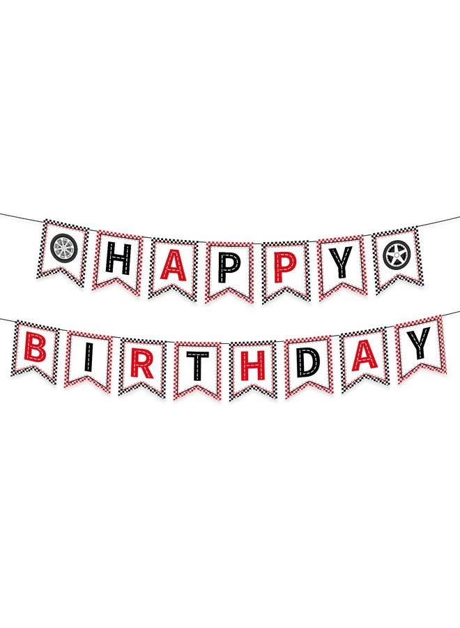 PEUTIER Race Car Happy Birthday Banner, Racing Theme Birthday Banner Checkered Happy Birthday Banner Car Theme Garlands Banners for Birthday Party Decorations Supplies  - Image 1