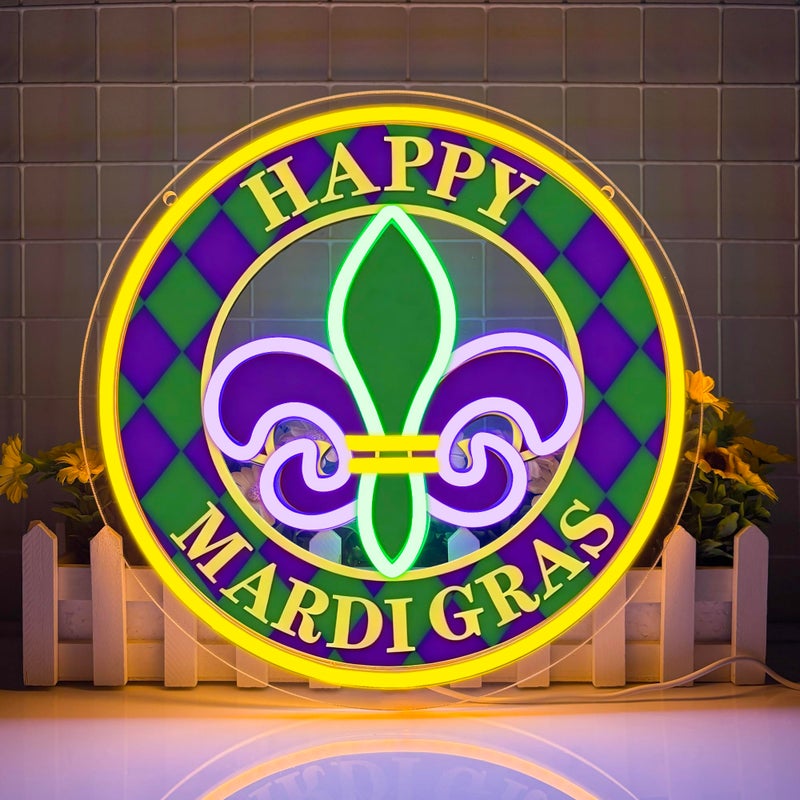 Symone Happy Mardi Gras Neon Sign, New Orleans Carnival LED Party Decor Fleur De Lis Neon Light USB Powered, for Carnival Party Bedroom Living Room Bar Decor(12.9 * 12.9 in) - Image 1