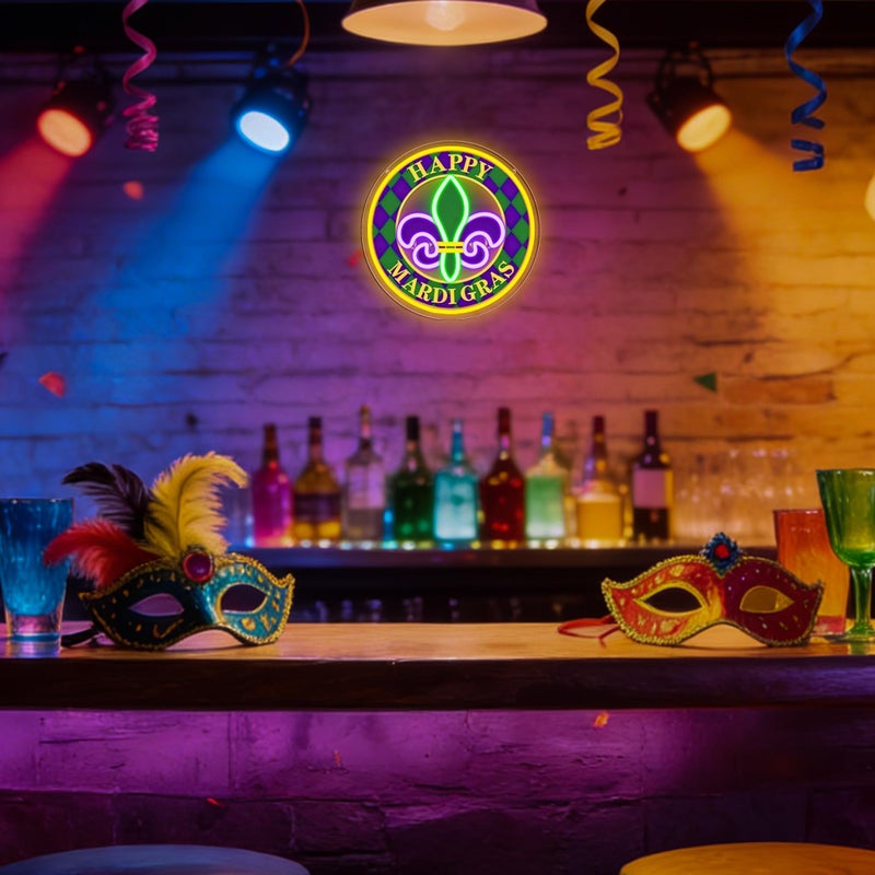 Symone Happy Mardi Gras Neon Sign, New Orleans Carnival LED Party Decor Fleur De Lis Neon Light USB Powered, for Carnival Party Bedroom Living Room Bar Decor(12.9 * 12.9 in) - Image 2