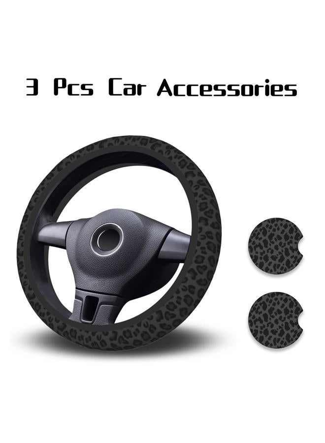 KARREAL Black Leopard Print Steering Wheel Cover & 2 Pcs Ceramic Absorbent Cupholder Coasters, Car Accessories Decorations for Women, Fit 14.5-15 Inch Auto, Suvs, Truck - Image 2