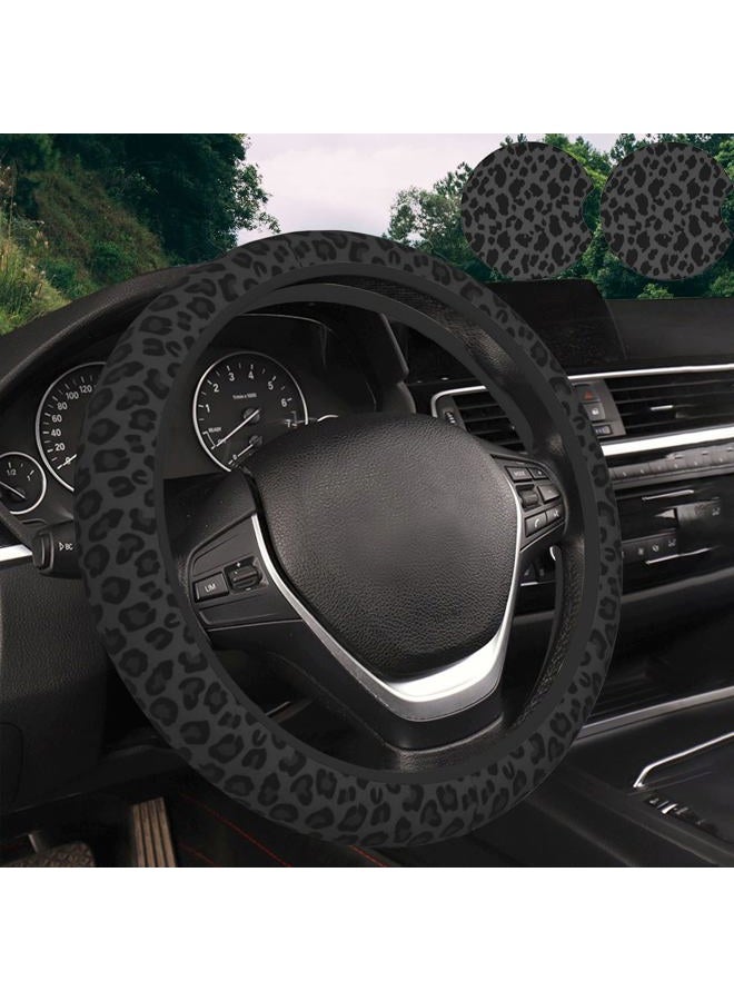 KARREAL Black Leopard Print Steering Wheel Cover & 2 Pcs Ceramic Absorbent Cupholder Coasters, Car Accessories Decorations for Women, Fit 14.5-15 Inch Auto, Suvs, Truck - Image 1