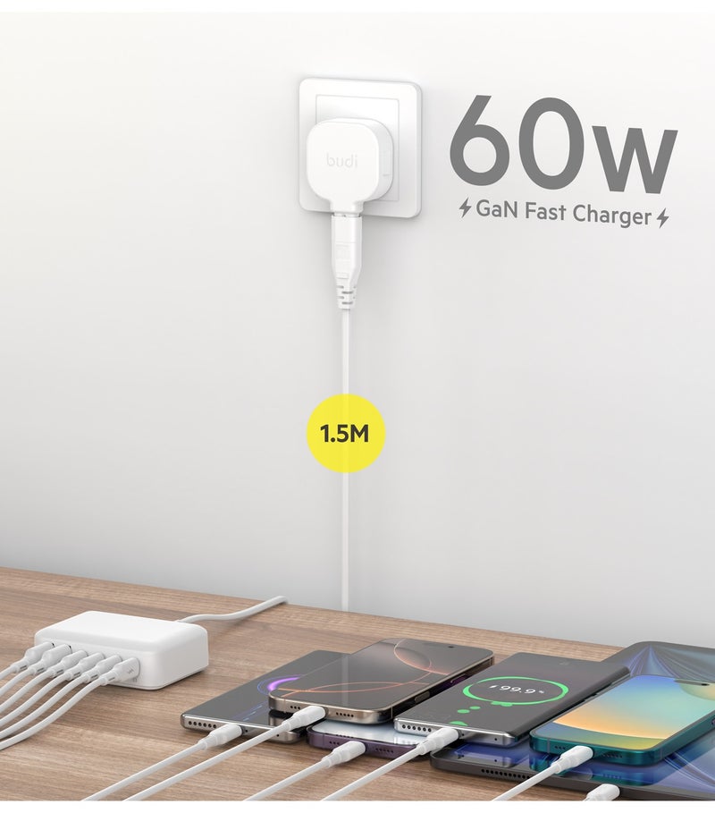 بودي شاحن سريع بقوة 60 واط و6 منافذ (بما في ذلك منفذ PD وتقنية QC3.0) مع كابل تمديد بطول 1.5 متر، محطة شحن USB متعددة الأجهزة، لون أبيض (طراز AC318UW) - Image 2