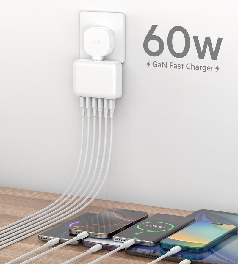 بودي شاحن سريع بقوة 60 واط و6 منافذ (بما في ذلك منفذ PD وتقنية QC3.0) مع كابل تمديد بطول 1.5 متر، محطة شحن USB متعددة الأجهزة، لون أبيض (طراز AC318UW) - Image 3