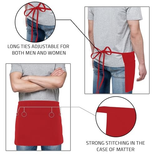 Utopia Wear 4 Pack Server Aprons with 3 Pockets, Waiter and Waitress Waist Aprons for Women with Pockets, Water and Oil Resistant Men Short Aprons (Red) - Image 4
