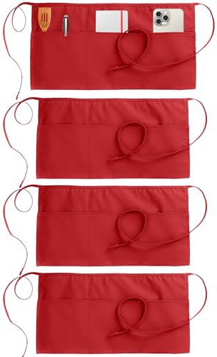 Utopia Wear 4 Pack Server Aprons with 3 Pockets, Waiter and Waitress Waist Aprons for Women with Pockets, Water and Oil Resistant Men Short Aprons (Red) - Image 1