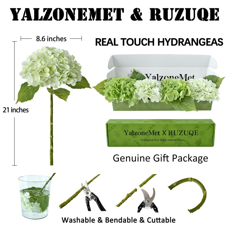 YalzoneMet Hydrangea Artificial Flower Natural Lifelike Real 21 inch Latex Long Stem 2 Light Green+2 Dark Green Hydrangea Flower Bouquets for Home Party Outdoor Wedding Table Centerpiec Decor - Image 3