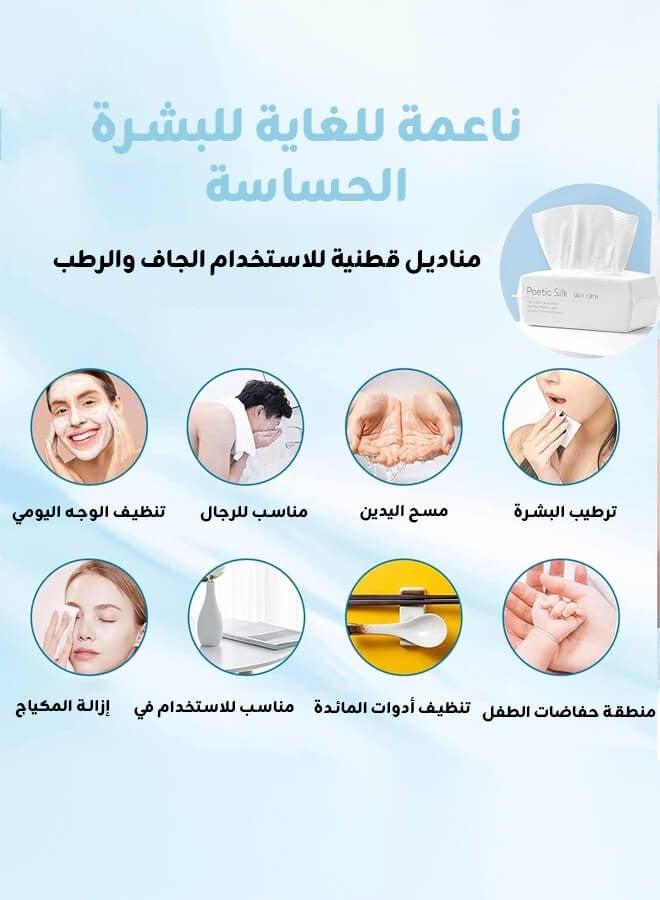 هيبوبي 12 عبوة من مناديل الوجه القابلة للتصرف 1200 قطعة، مناديل قطنية ناعمة جافة للنساء، مناديل تنظيف بسيطة للاستخدام الجاف والرطب، للاستخدام المحمول للبشرة الحساسة والأطفال ومزيل المكياج والعناية الشخصية. - Image 2