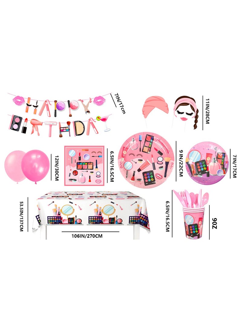 FRUITFUL PARTY - Makeup Birthday Party Decorations for 16 Guests, 165pcs Spa Party Disposable Tableware Set Makeup Theme Paper Plates Cups Napkins Banner Balloon Photo Booth Props - Image 1