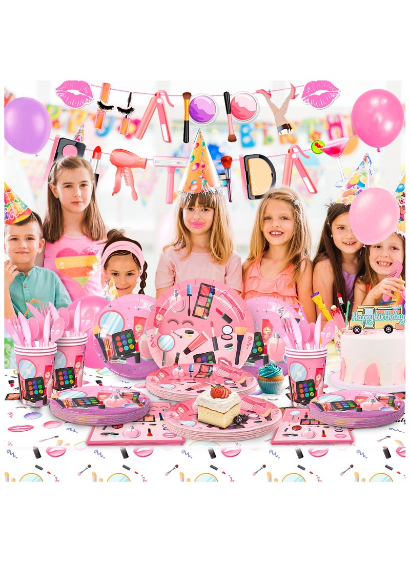FRUITFUL PARTY - Makeup Birthday Party Decorations for 16 Guests, 165pcs Spa Party Disposable Tableware Set Makeup Theme Paper Plates Cups Napkins Banner Balloon Photo Booth Props - Image 1