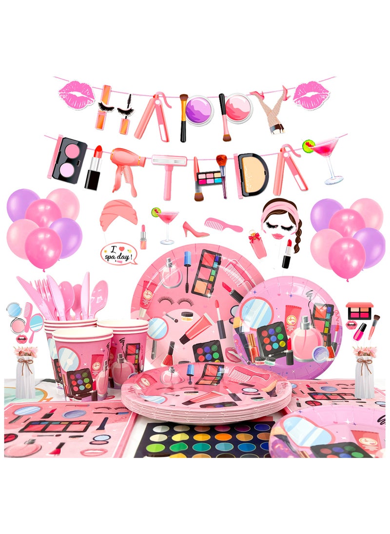 FRUITFUL PARTY - Makeup Birthday Party Decorations for 16 Guests, 165pcs Spa Party Disposable Tableware Set Makeup Theme Paper Plates Cups Napkins Banner Balloon Photo Booth Props - Image 1