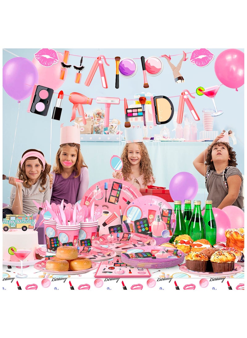 FRUITFUL PARTY - Makeup Birthday Party Decorations for 16 Guests, 165pcs Spa Party Disposable Tableware Set Makeup Theme Paper Plates Cups Napkins Banner Balloon Photo Booth Props - Image 1