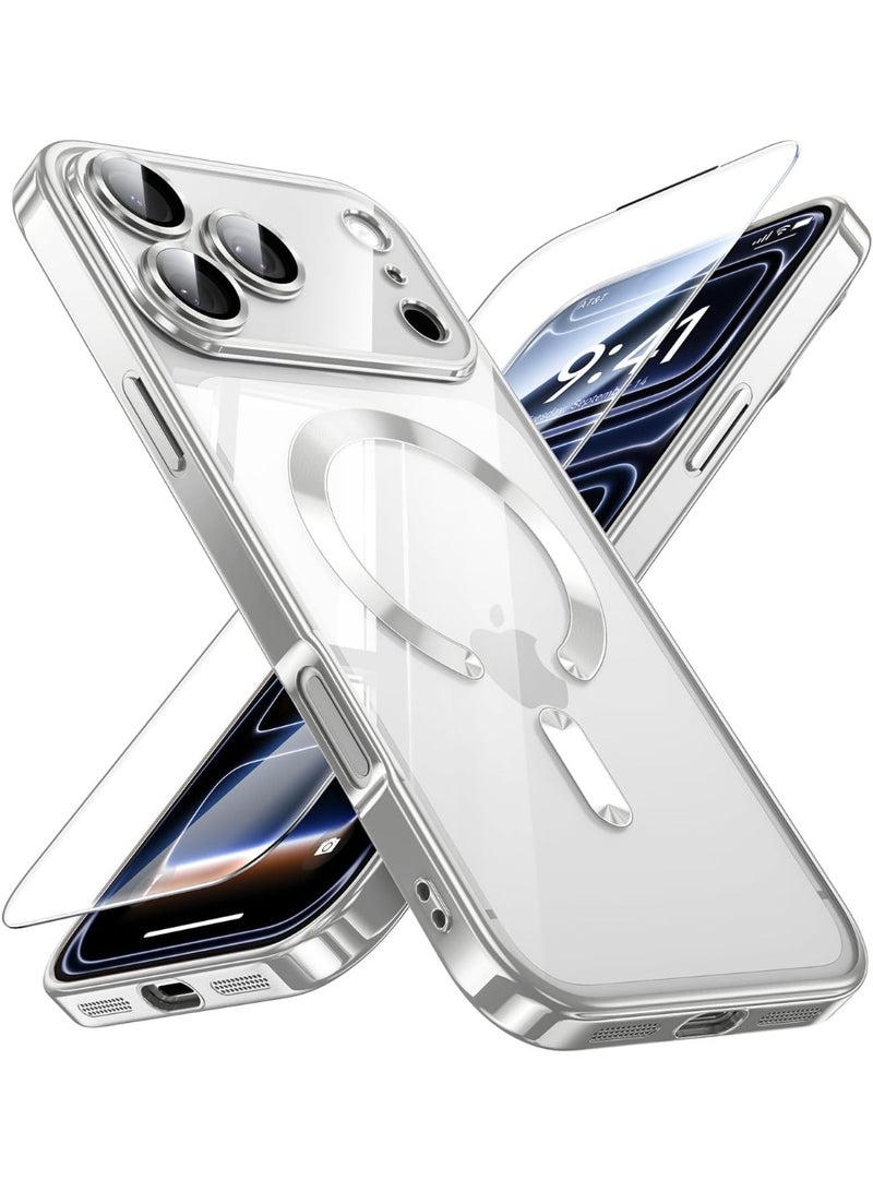 YoYoTech Electroplated Magnetic for iPhone 17 Pro Max Case Compatible with MagSafe [Mil- Grade Drop Protection] Full Camera Lens Protector Soft Clear Phone Case for Girls,Women-Silver - Image 1
