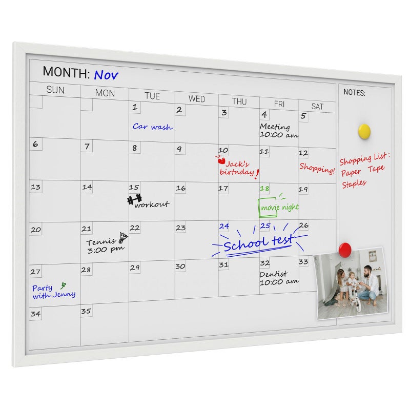 Comix Dry Erase Calendar Whiteboard for Wall,Magnetic Dry Erase White Board with White Wood Frame, 36 * 24 inches Decorative Planner Board for Office, Kitchen, School, Home - Image 1