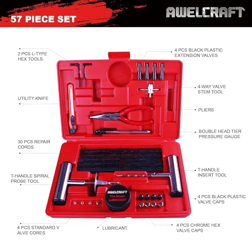 AWELCRAFT 57-Piece Heavy Duty Tire Repair Kit – Flat Tire Plug Kit with T-Handle Tools, Storage Case – Universal for Truck, Car, Motorcycle, Jeep, Tractor – Professional Grade Puncture Repair Set - Image 2