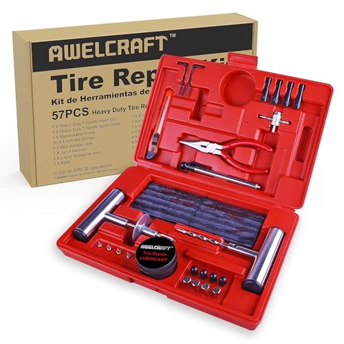AWELCRAFT 57-Piece Heavy Duty Tire Repair Kit – Flat Tire Plug Kit with T-Handle Tools, Storage Case – Universal for Truck, Car, Motorcycle, Jeep, Tractor – Professional Grade Puncture Repair Set - Image 1