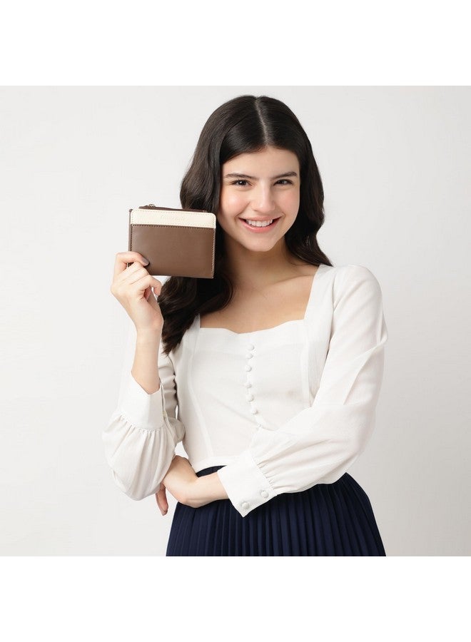 Fastrack Women Polyurethane Compact Two-Fold Wallet with Button Lock, Card and Cash Slots, Zip Coin Pocket, Brown - Image 2