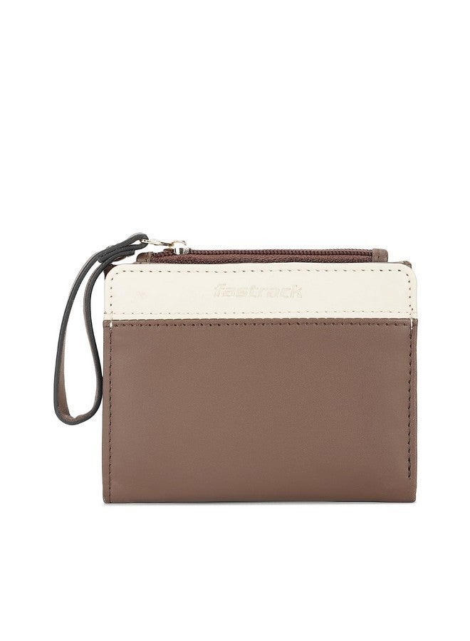 Fastrack Women Polyurethane Compact Two-Fold Wallet with Button Lock, Card and Cash Slots, Zip Coin Pocket, Brown - Image 1