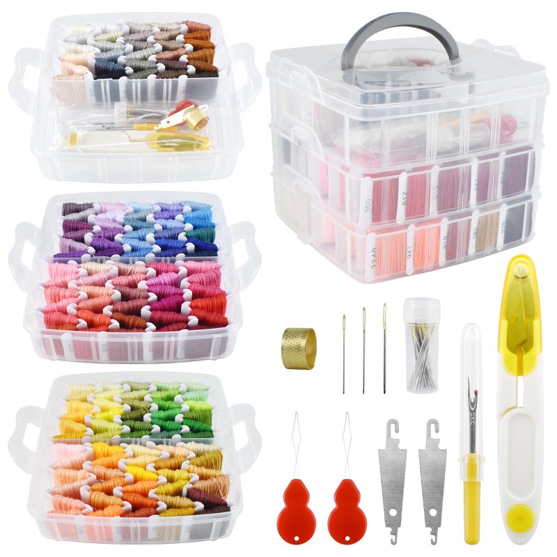 Renashed 187 Pcs Embroidery Thread Floss Kit, 150 Colors Cross Stitch Threads Friendship Bracelet String and 37pcs Tools kit for Friendship Bracelets Arts DIY Crafts with 3-Tier Transparent Organizer Box - Image 1